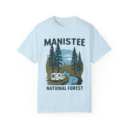 Manistee National Forest RV T-Shirt – Unisex Michigan Camping Tee with Trees & Camper Van Design