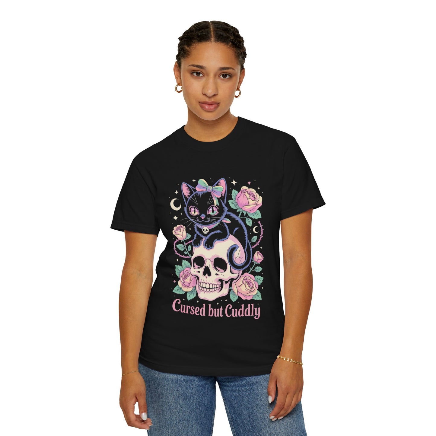 Cursed but Cuddly Cat Tee – Pastel Goth Black Cat T-Shirt