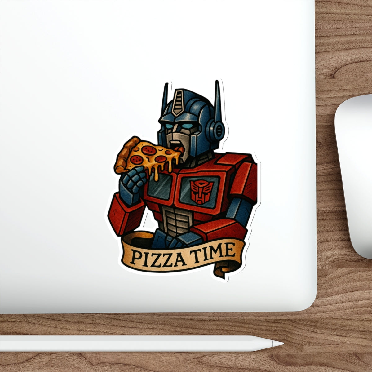 Pizza Time Robot Sticker – Retro Sci-Fi Tattoo Style Vinyl Decal