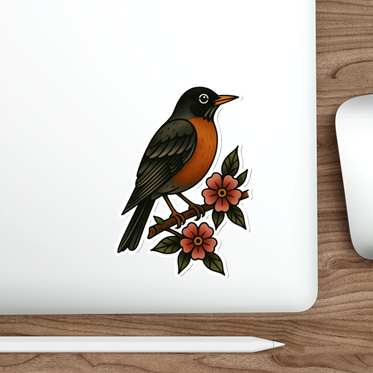 Robin and Flowers Tattoo Sticker – Traditional Bird Vinyl Decal