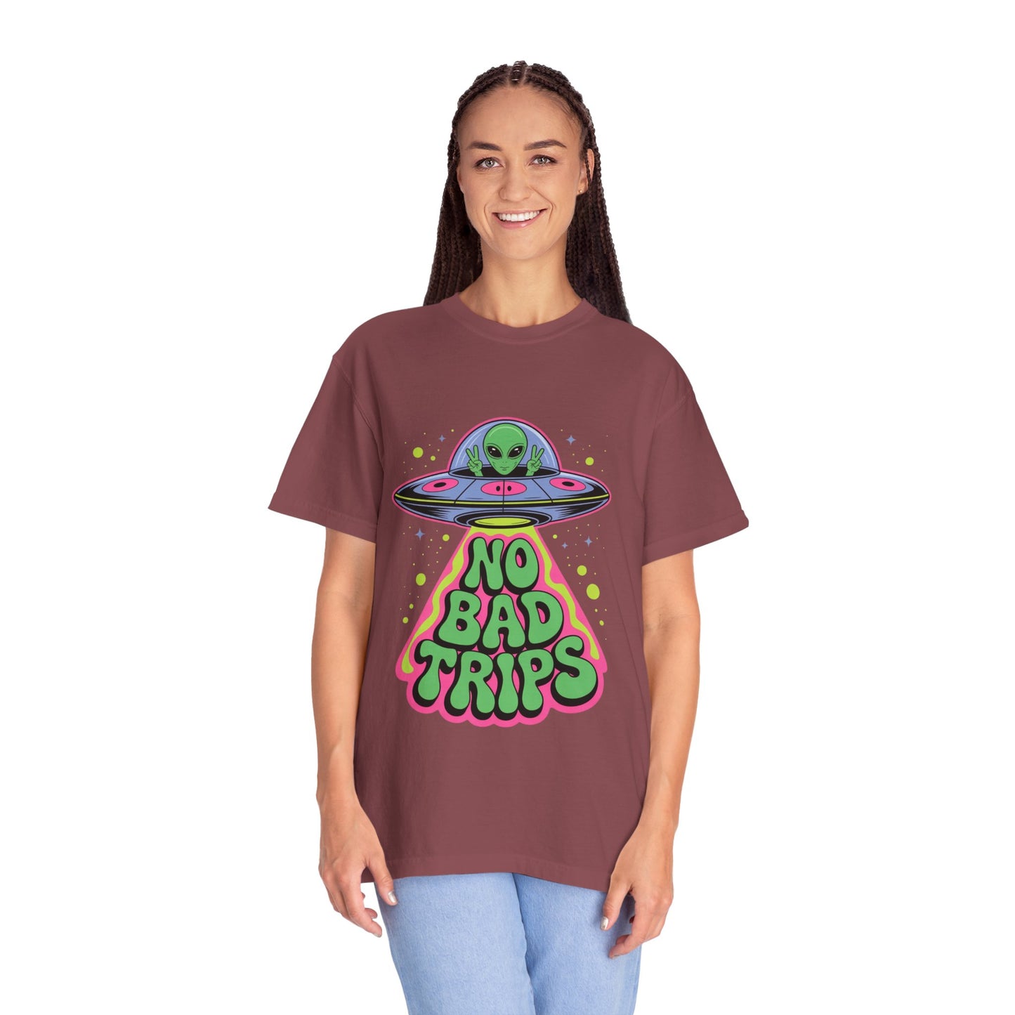No Bad Trips Alien Tee – Psychedelic UFO Comfort Colors Shirt