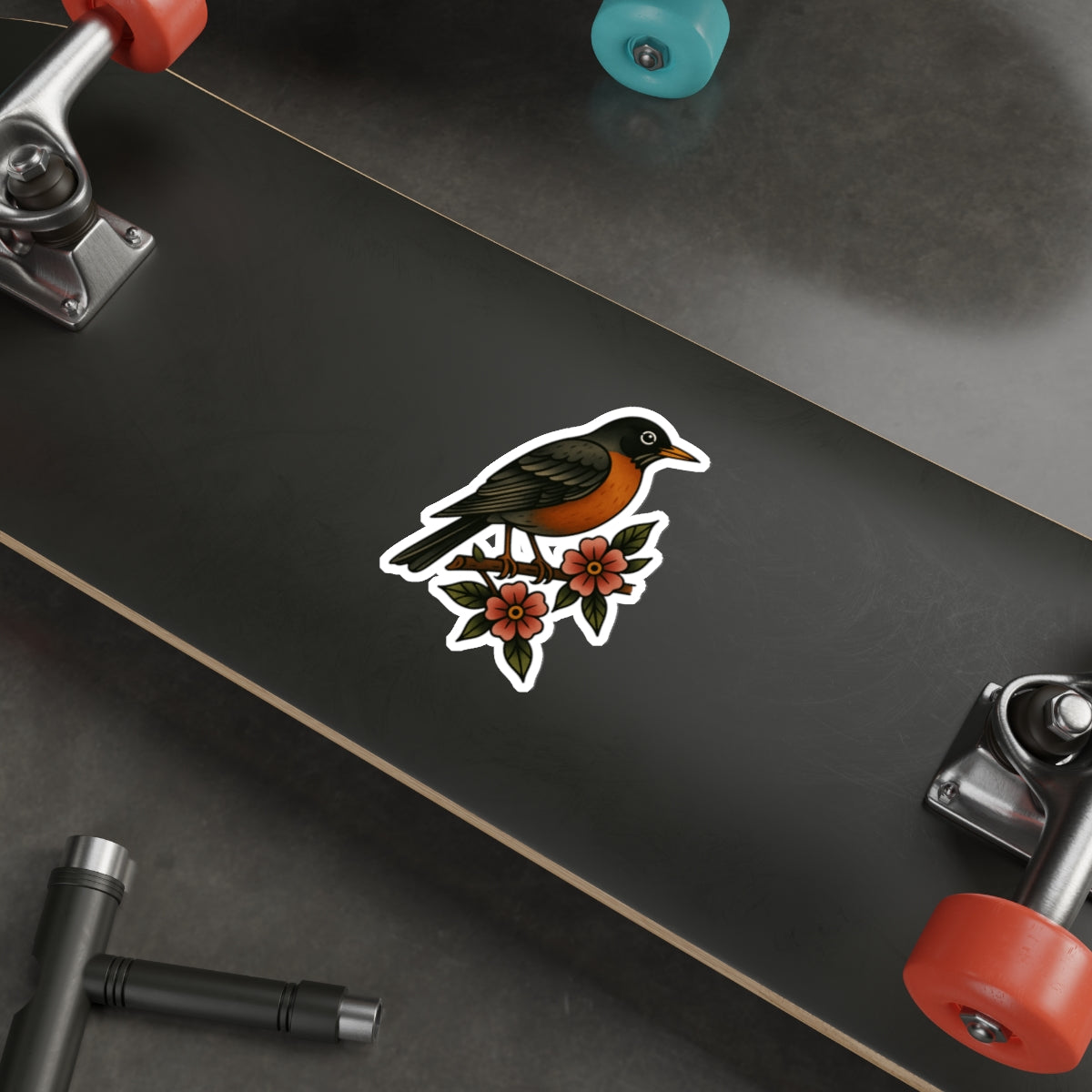Robin and Flowers Tattoo Sticker – Traditional Bird Vinyl Decal