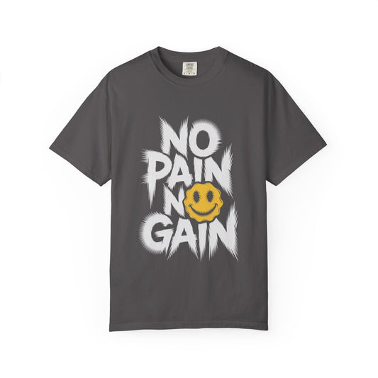 No Pain No Gain Tee – Bold Smiley Face Workout Shirt