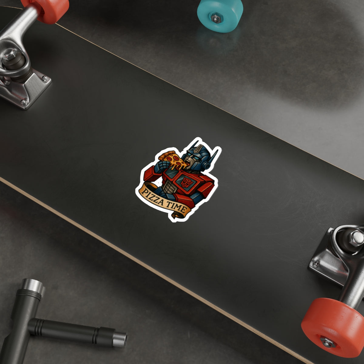 Pizza Time Robot Sticker – Retro Sci-Fi Tattoo Style Vinyl Decal