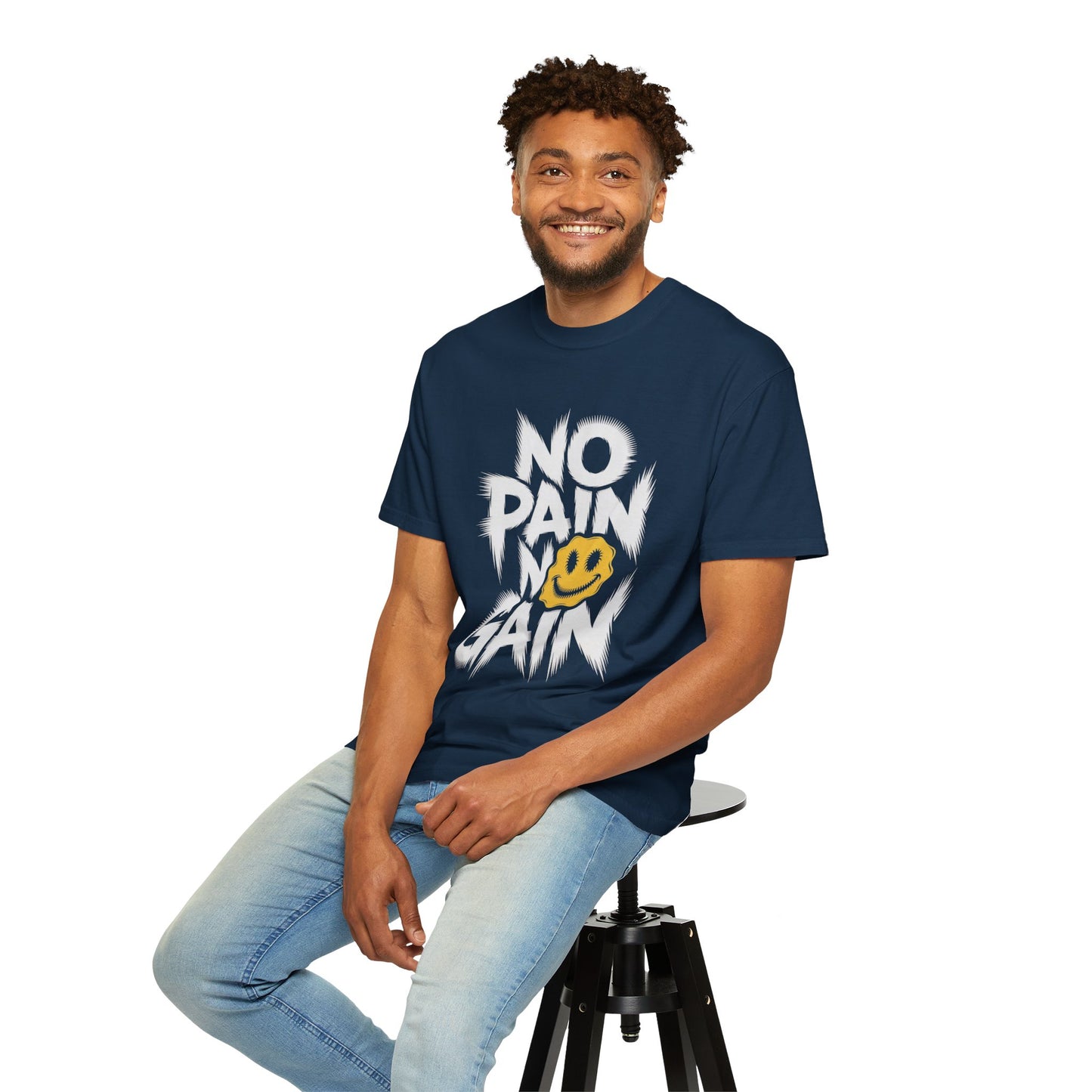 No Pain No Gain Tee – Bold Smiley Face Workout Shirt
