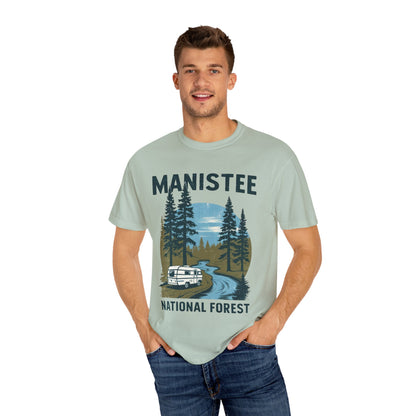 Manistee National Forest RV T-Shirt – Unisex Michigan Camping Tee with Trees & Camper Van Design