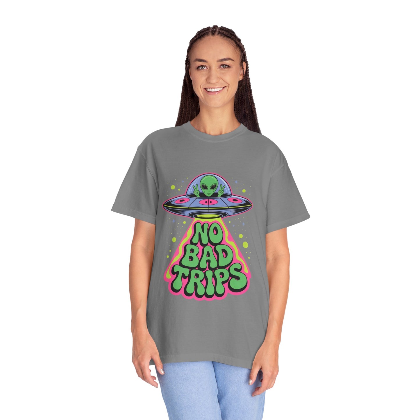 No Bad Trips Alien Tee – Psychedelic UFO Comfort Colors Shirt