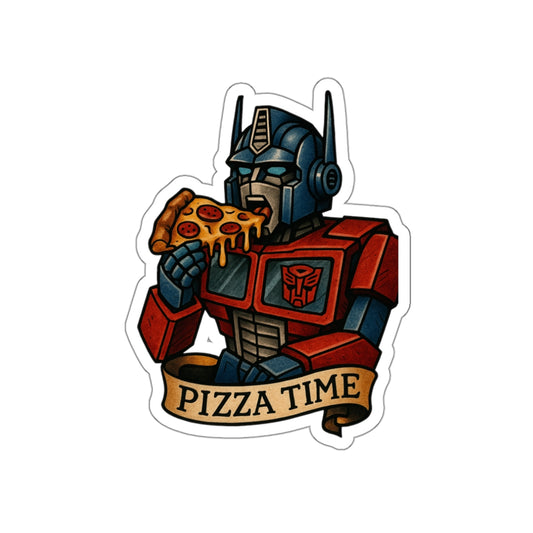 Pizza Time Robot Sticker – Retro Sci-Fi Tattoo Style Vinyl Decal