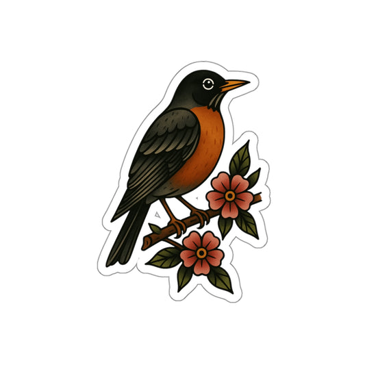 Robin and Flowers Tattoo Sticker – Traditional Bird Vinyl Decal