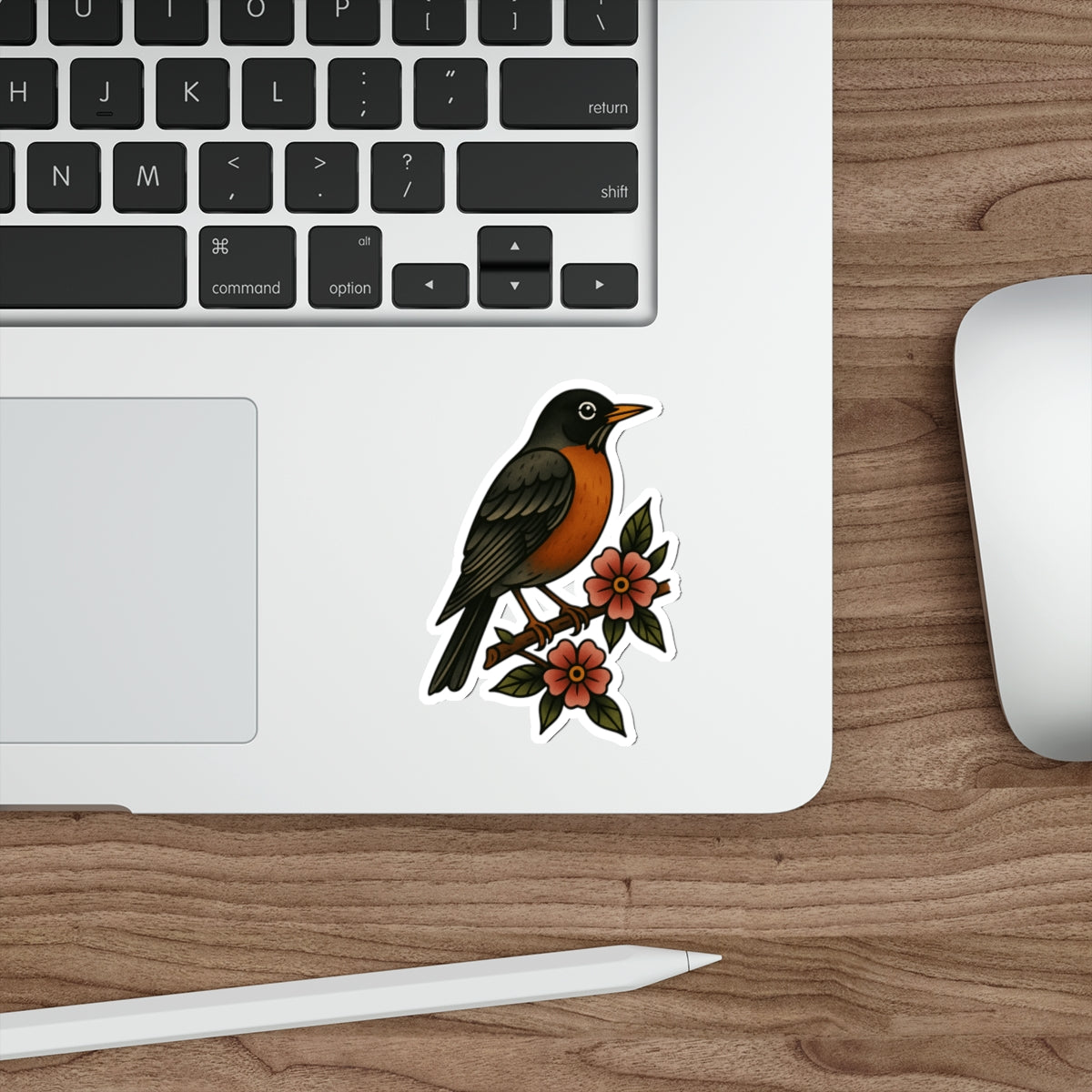 Robin and Flowers Tattoo Sticker – Traditional Bird Vinyl Decal