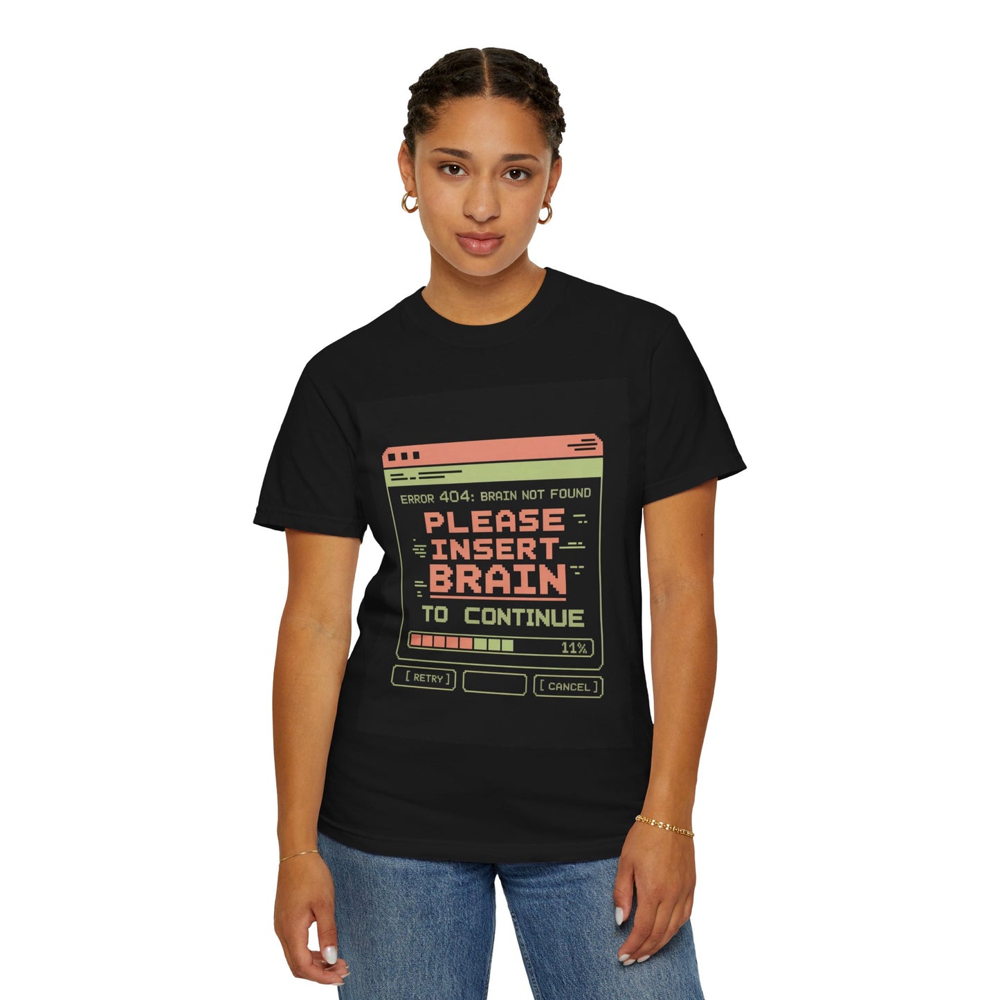 Insert Brain to Continue Tee – Retro Error Message Pixel Shirt