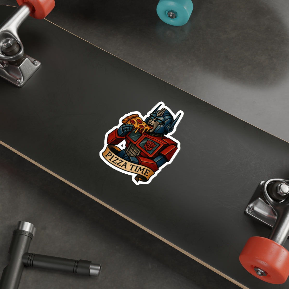 Pizza Time Robot Sticker – Retro Sci-Fi Tattoo Style Vinyl Decal