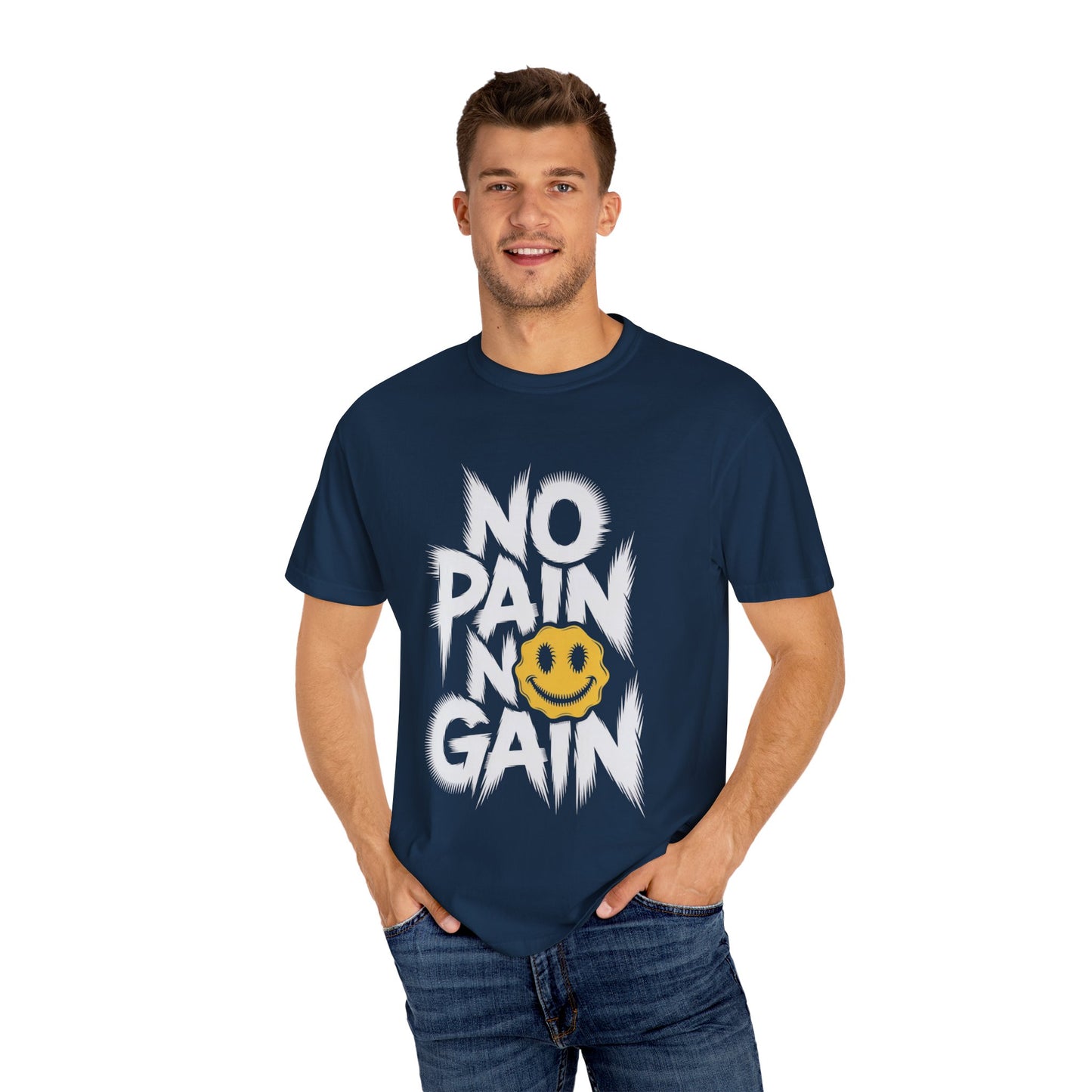 No Pain No Gain Tee – Bold Smiley Face Workout Shirt