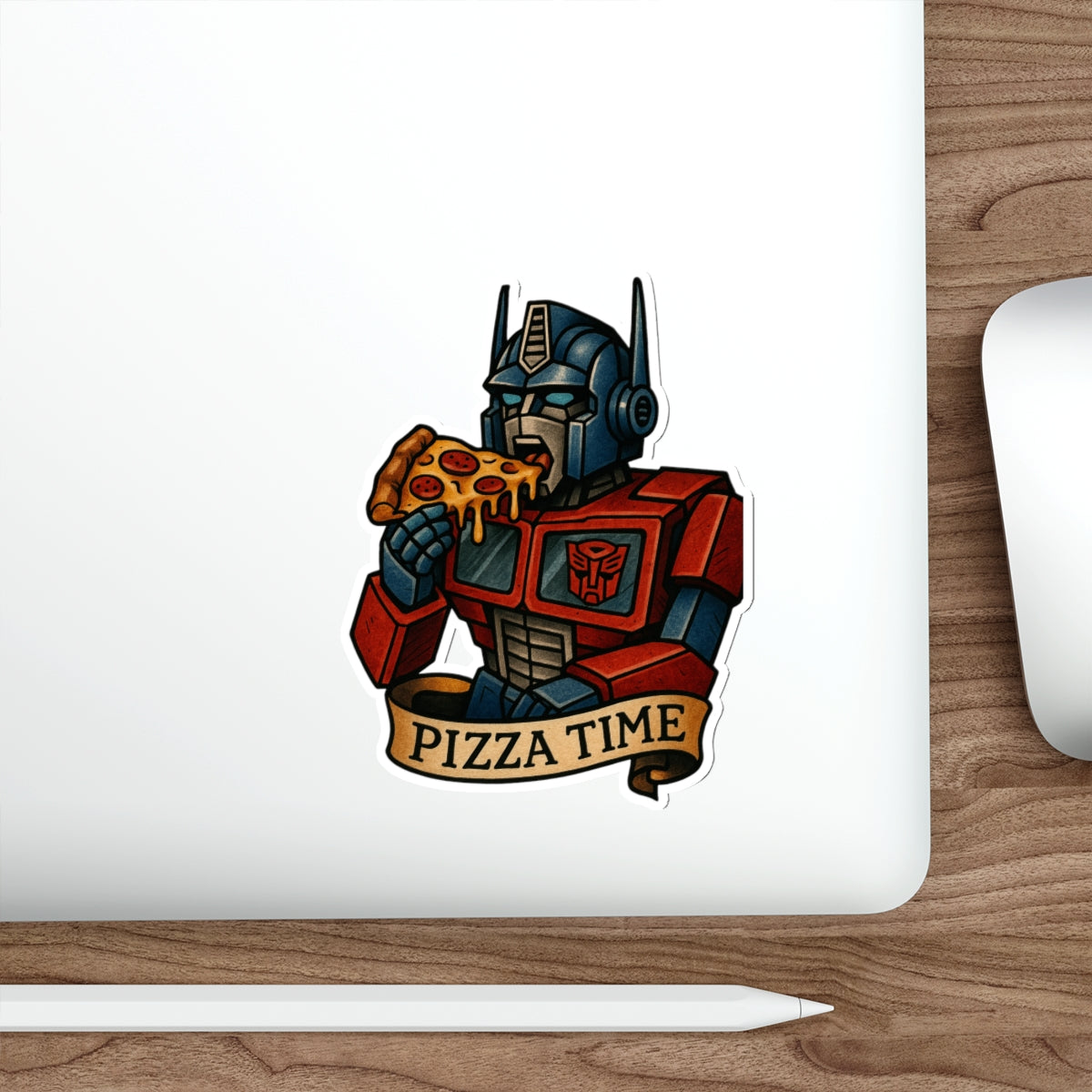 Pizza Time Robot Sticker – Retro Sci-Fi Tattoo Style Vinyl Decal