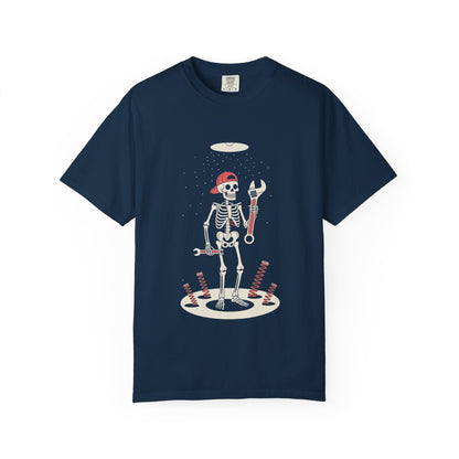 UFO Mechanic Skeleton Tee – Alien Abduction Fixer Shirt