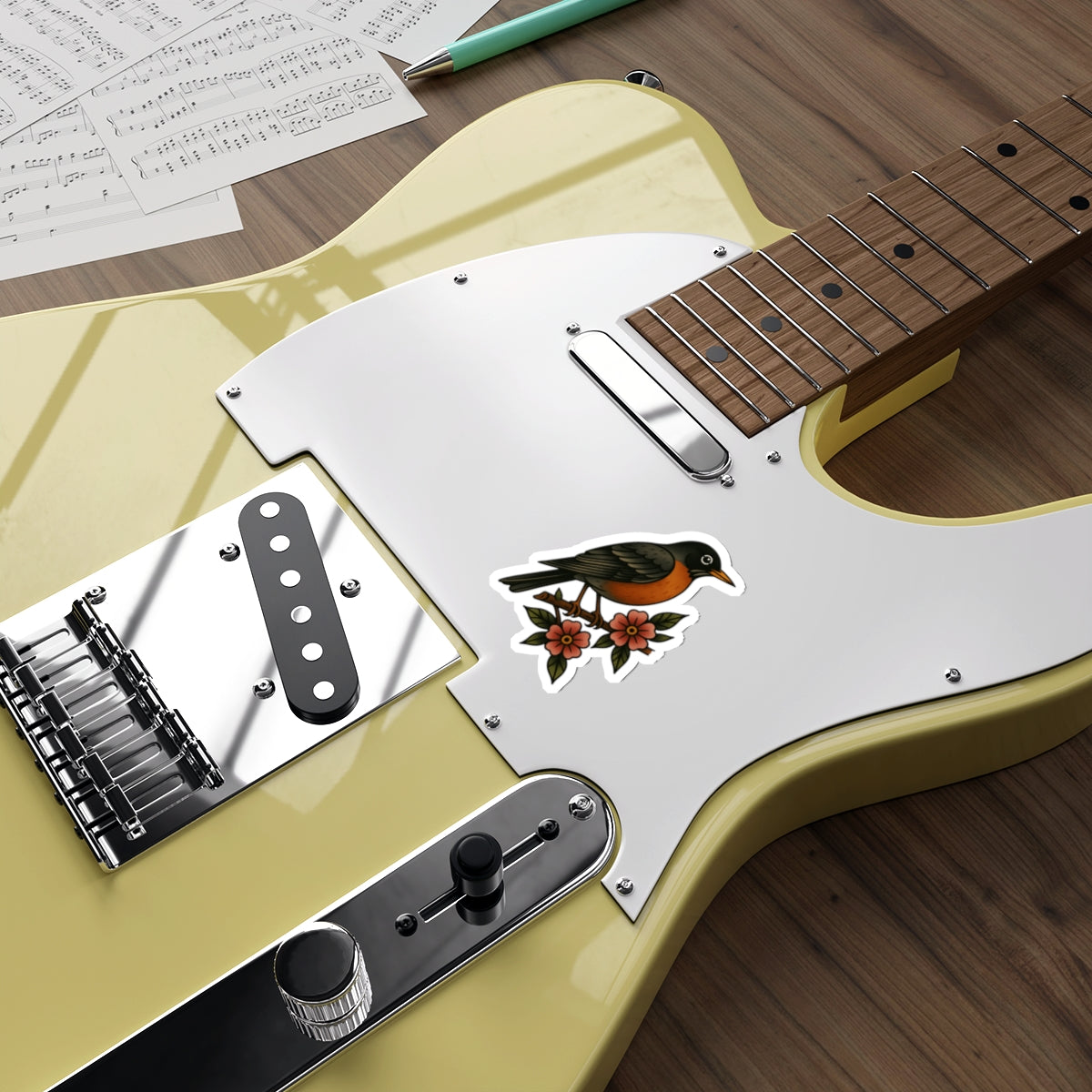 Robin and Flowers Tattoo Sticker – Traditional Bird Vinyl Decal