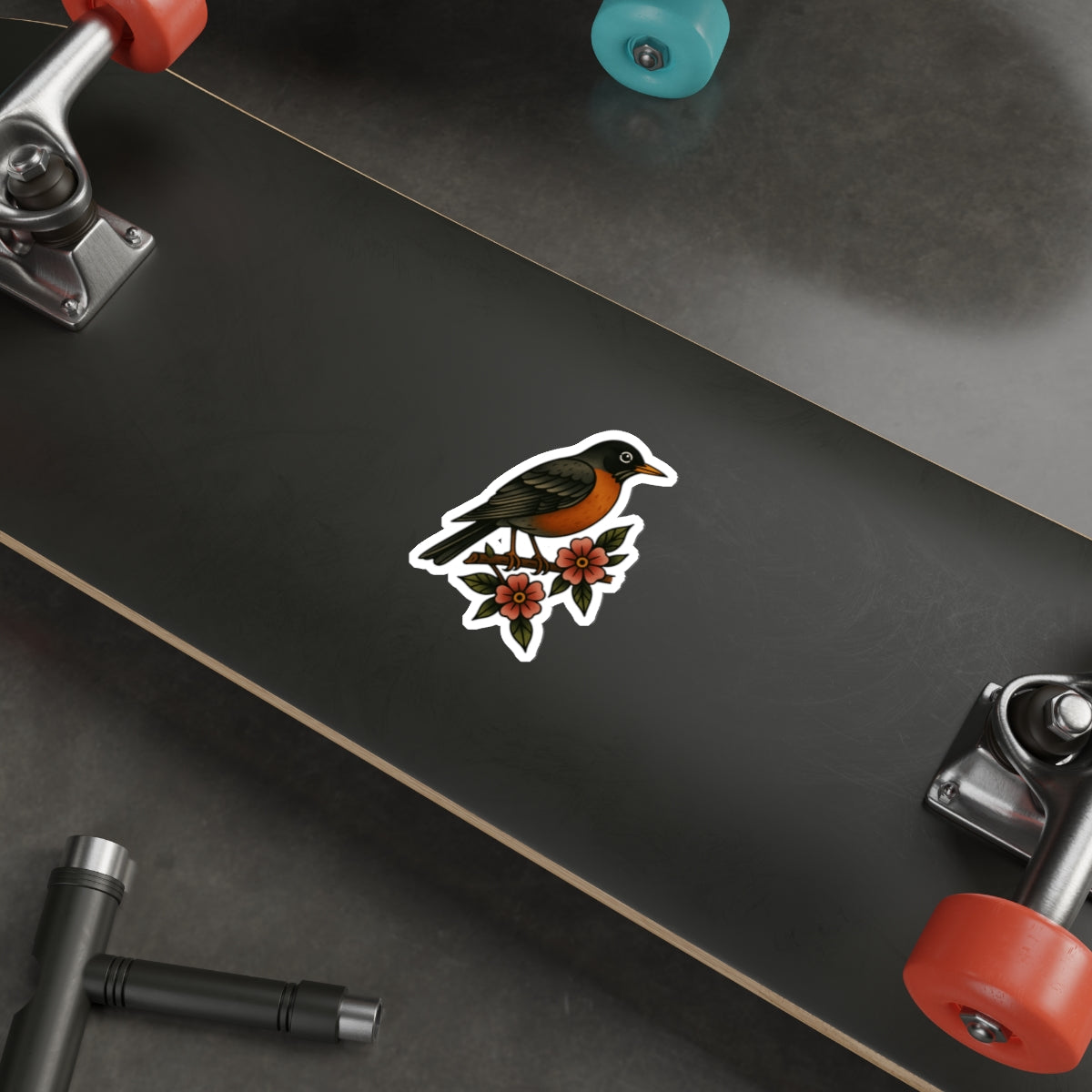 Robin and Flowers Tattoo Sticker – Traditional Bird Vinyl Decal