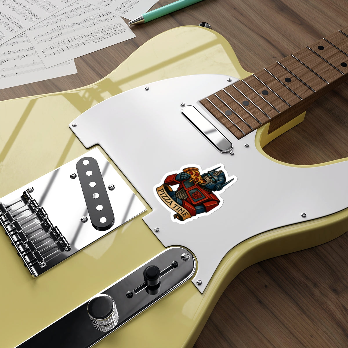 Pizza Time Robot Sticker – Retro Sci-Fi Tattoo Style Vinyl Decal